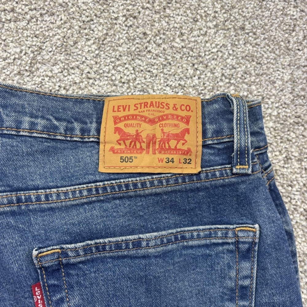 Levis 505 Jeans Mens 34x32 Blue Medium Wash Regular Straight Stretch Denim Pants - Picture 3 of 10
